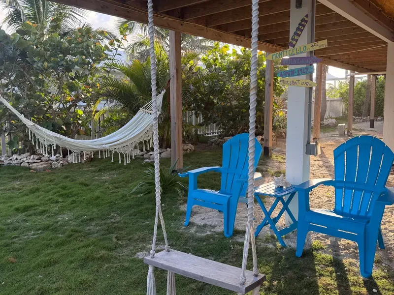 Hammock and swing corner in the shade under Blue Moon Cottage